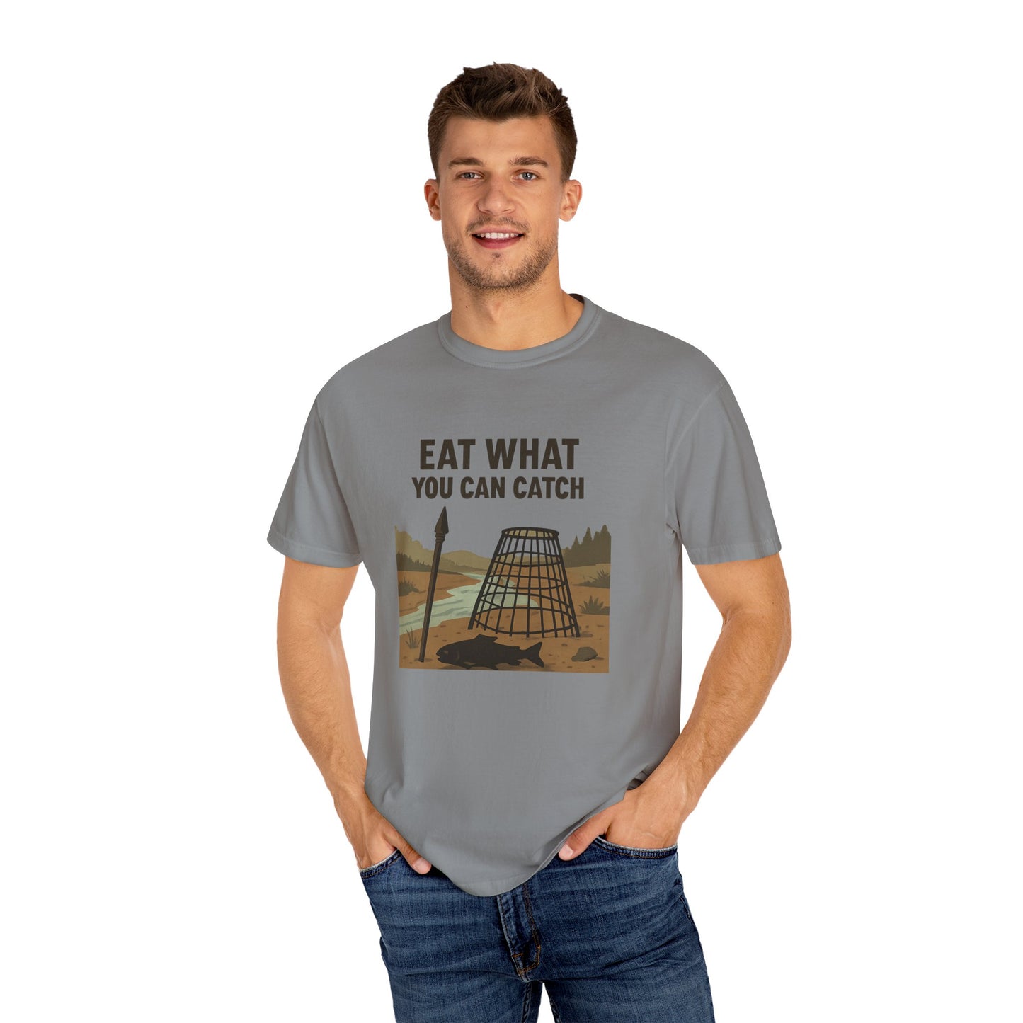 Eat What You Can Catch T-Shirt – Funny Survival, Fishing & Outdoors Shirt for Campers, Hunters & Wilderness Lovers