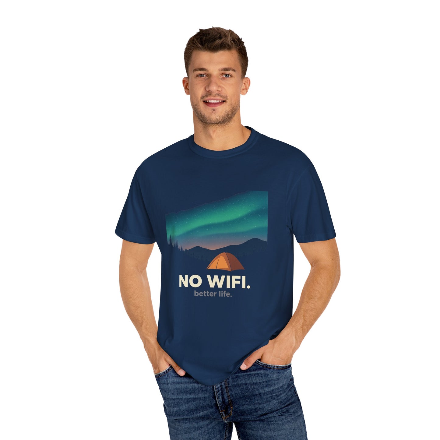 No WiFi Camping T-Shirt — Northern Lights Tent Graphic