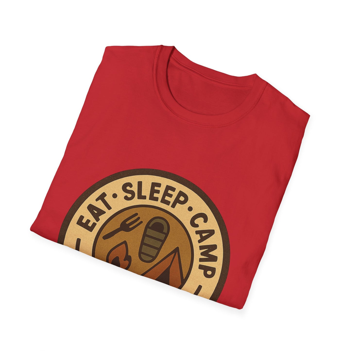 Camping Badge T-Shirt — "Eat. Sleep. Camp. Repeat." Outdoor Adventure Tee