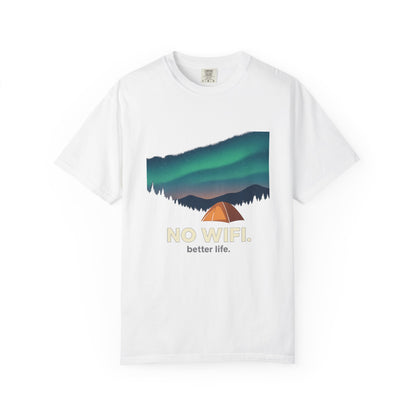 No WiFi Camping T-Shirt — Northern Lights Tent Graphic