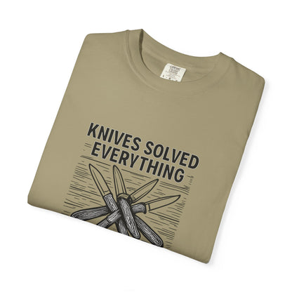 Knives Solved Everything (Before Therapy Did) T-Shirt – Funny EDC, Camping & Outdoors Shirt for Men Who Love Their Tools