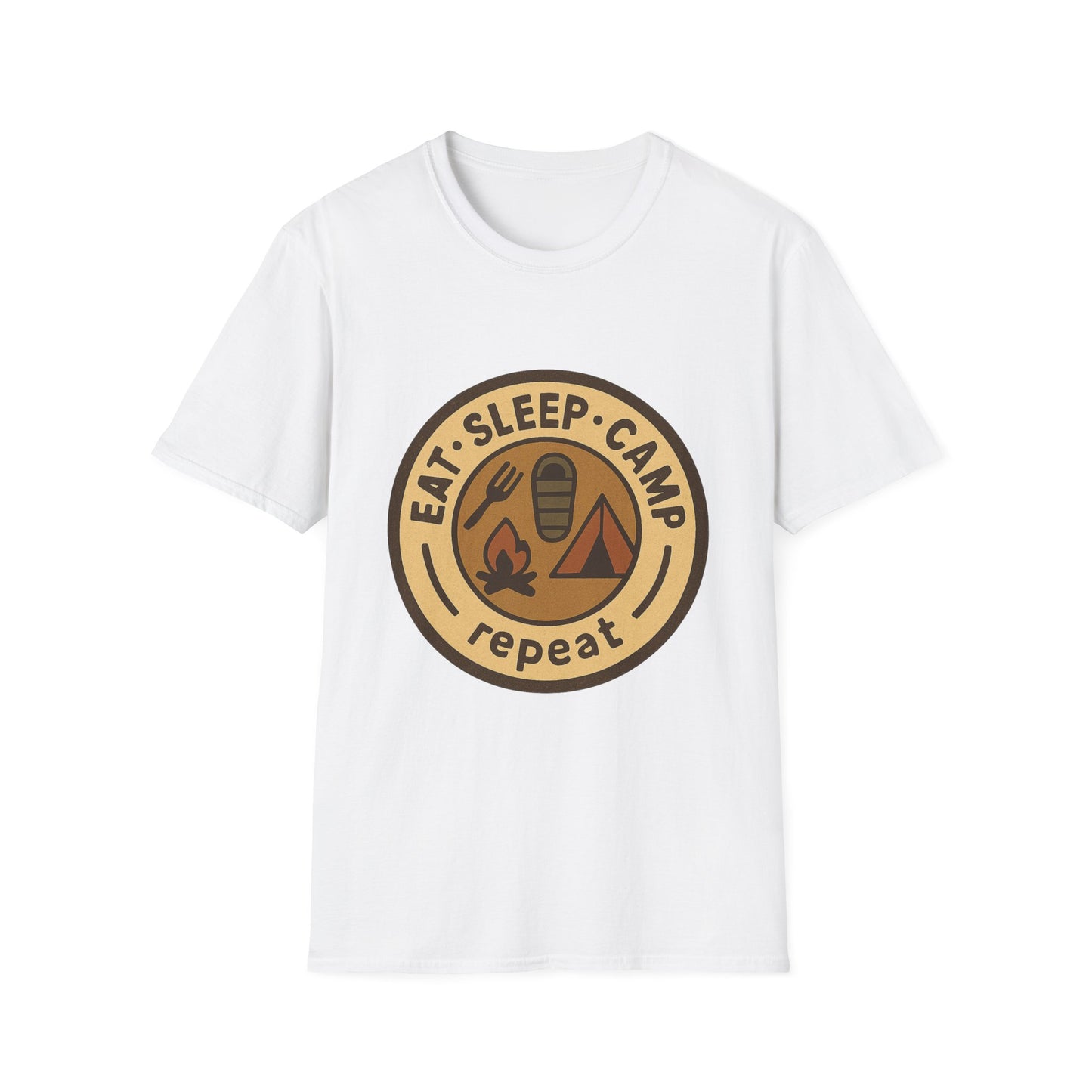 Camping Badge T-Shirt — "Eat. Sleep. Camp. Repeat." Outdoor Adventure Tee