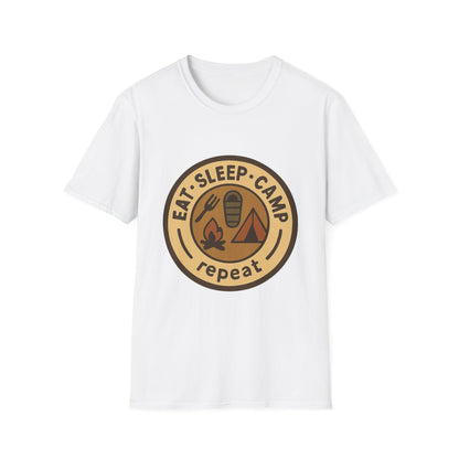 Camping Badge T-Shirt — "Eat. Sleep. Camp. Repeat." Outdoor Adventure Tee