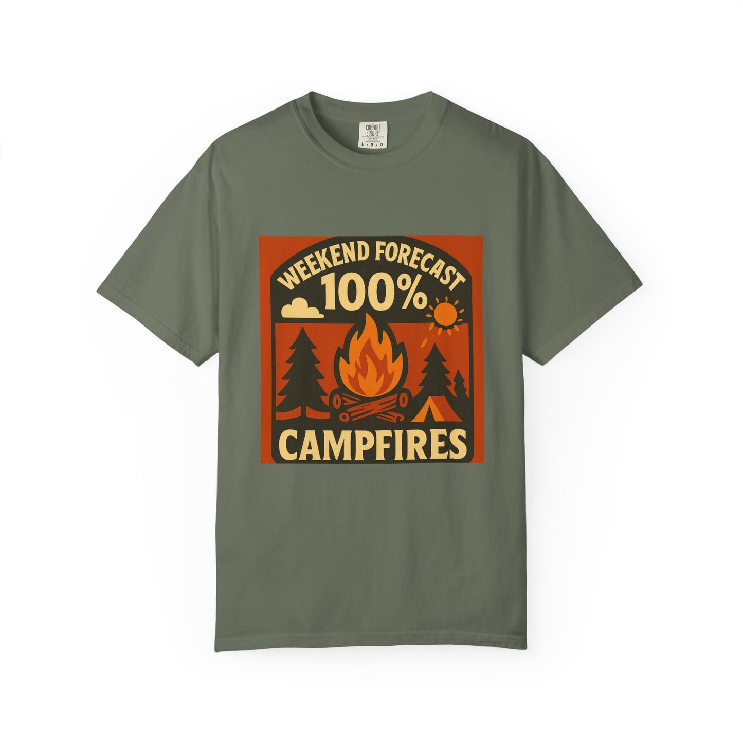Campfire T-Shirt — "Weekend Forecast 100% Campfires" Retro Camping Tee