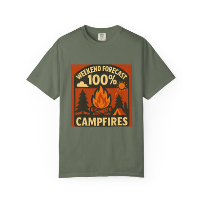 Campfire T-Shirt — "Weekend Forecast 100% Campfires" Retro Camping Tee