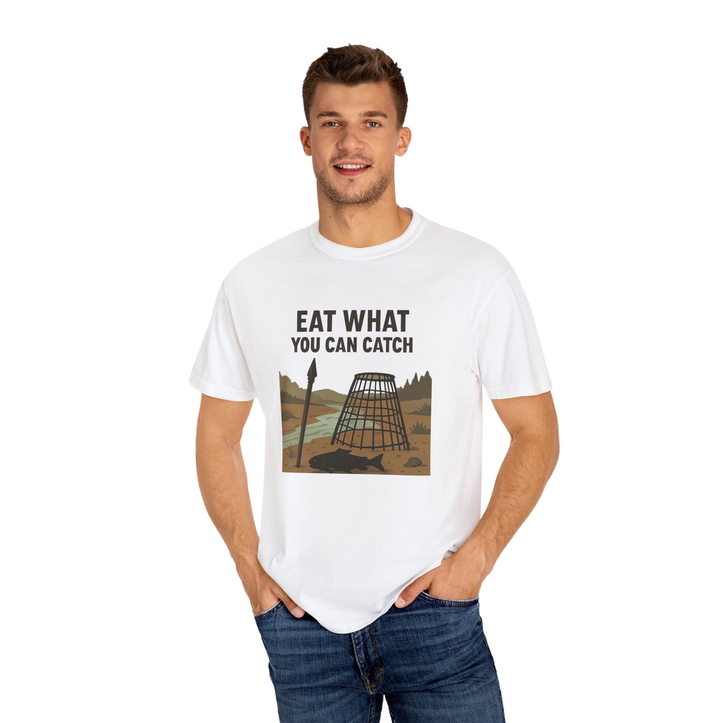 Eat What You Can Catch T-Shirt – Funny Survival, Fishing & Outdoors Shirt for Campers, Hunters & Wilderness Lovers