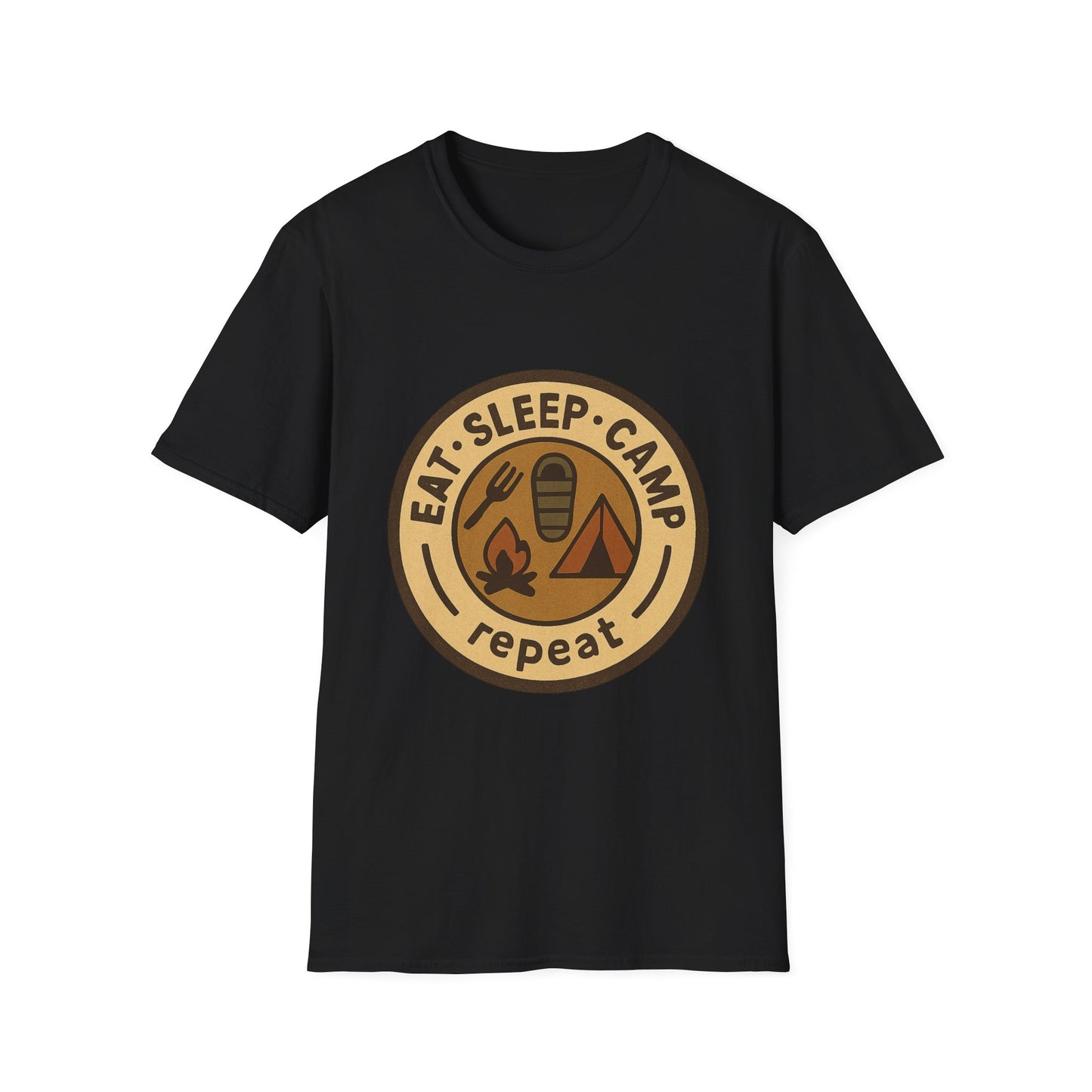 Camping Badge T-Shirt — "Eat. Sleep. Camp. Repeat." Outdoor Adventure Tee