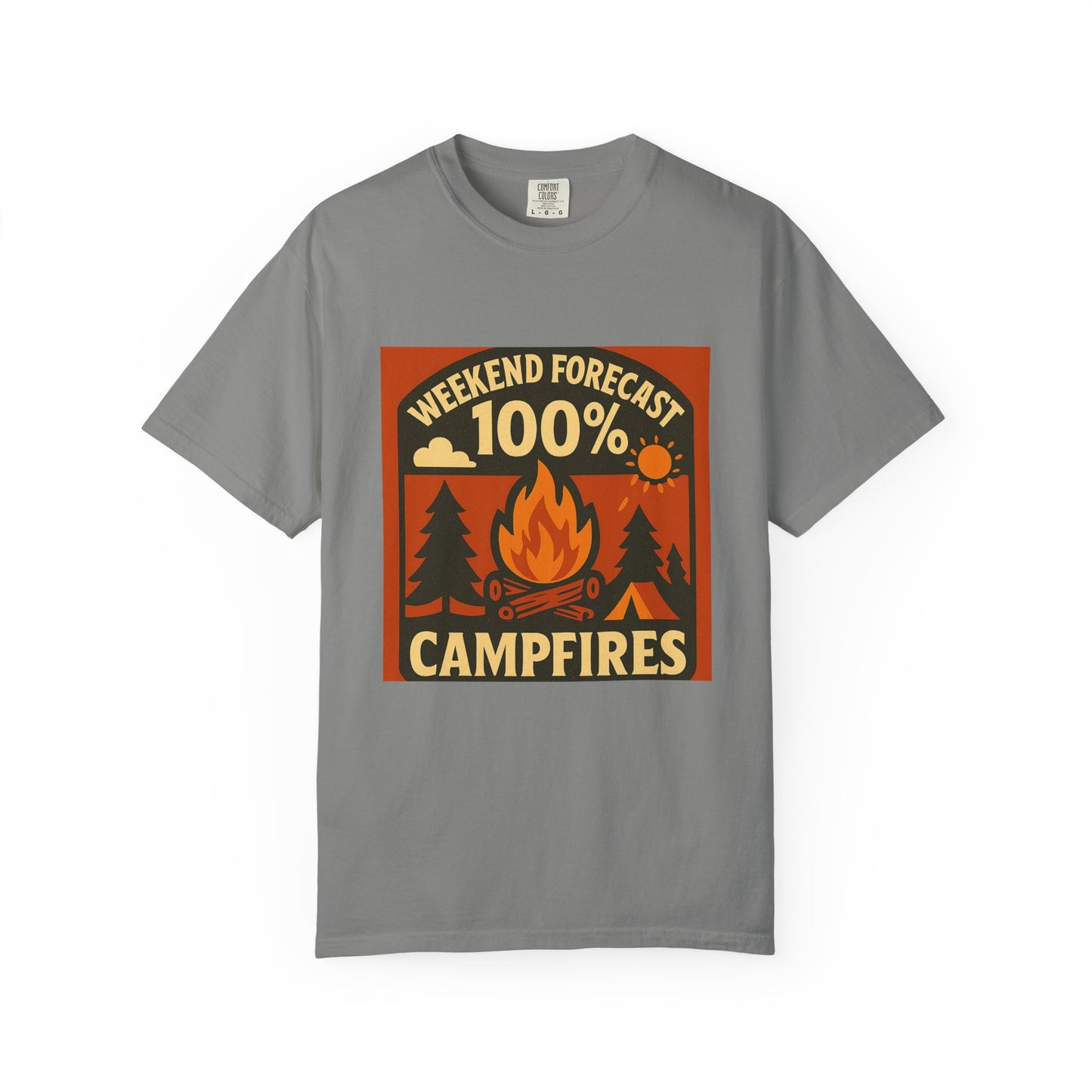 Campfire T-Shirt — "Weekend Forecast 100% Campfires" Retro Camping Tee