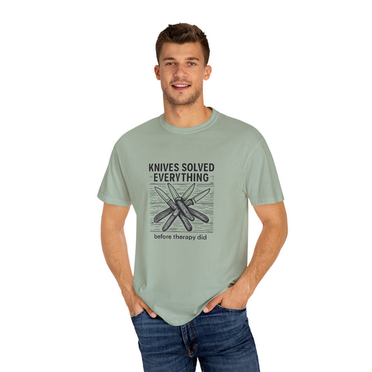 Knives Solved Everything (Before Therapy Did) T-Shirt – Funny EDC, Camping & Outdoors Shirt for Men Who Love Their Tools