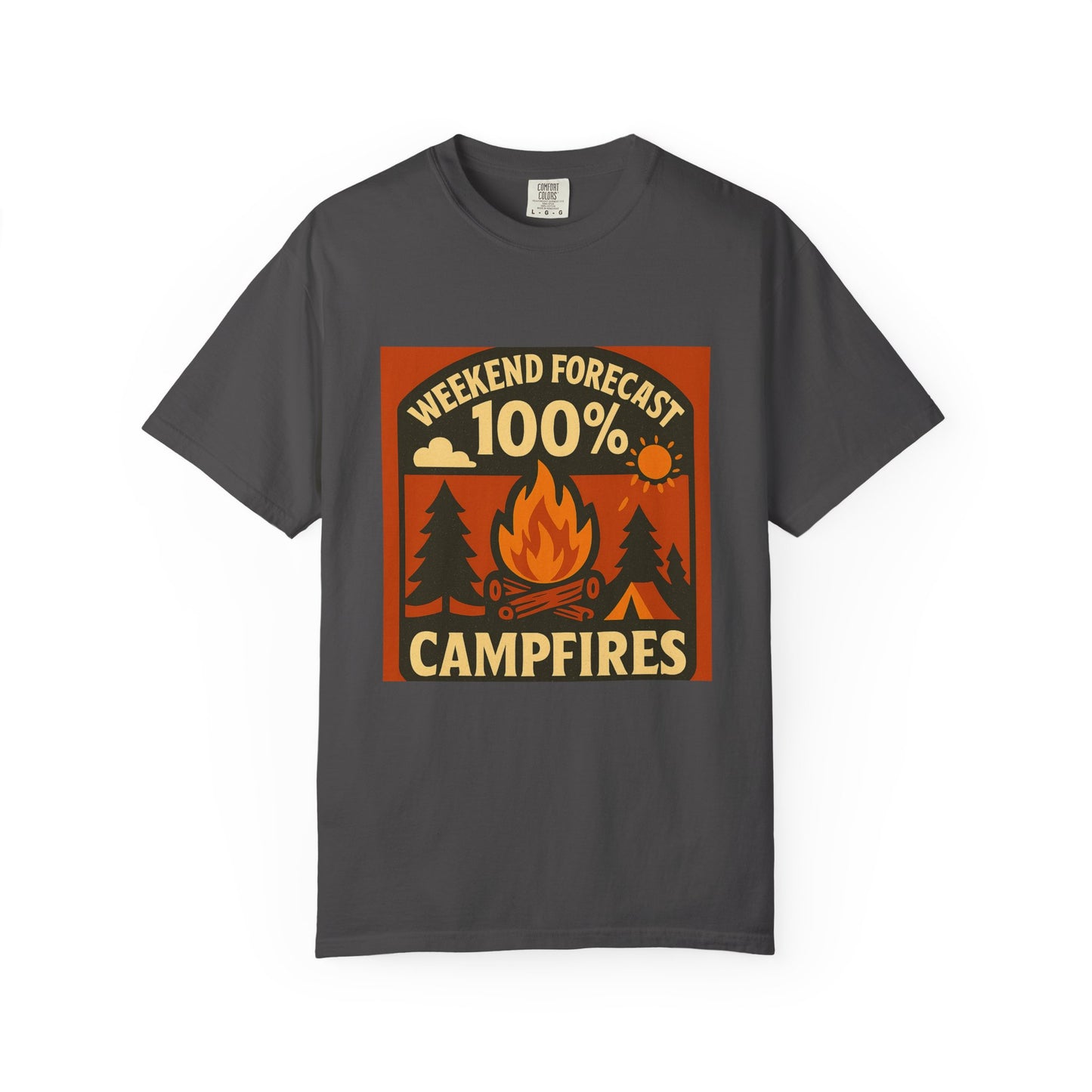 Campfire T-Shirt — "Weekend Forecast 100% Campfires" Retro Camping Tee