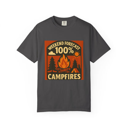 Campfire T-Shirt — "Weekend Forecast 100% Campfires" Retro Camping Tee