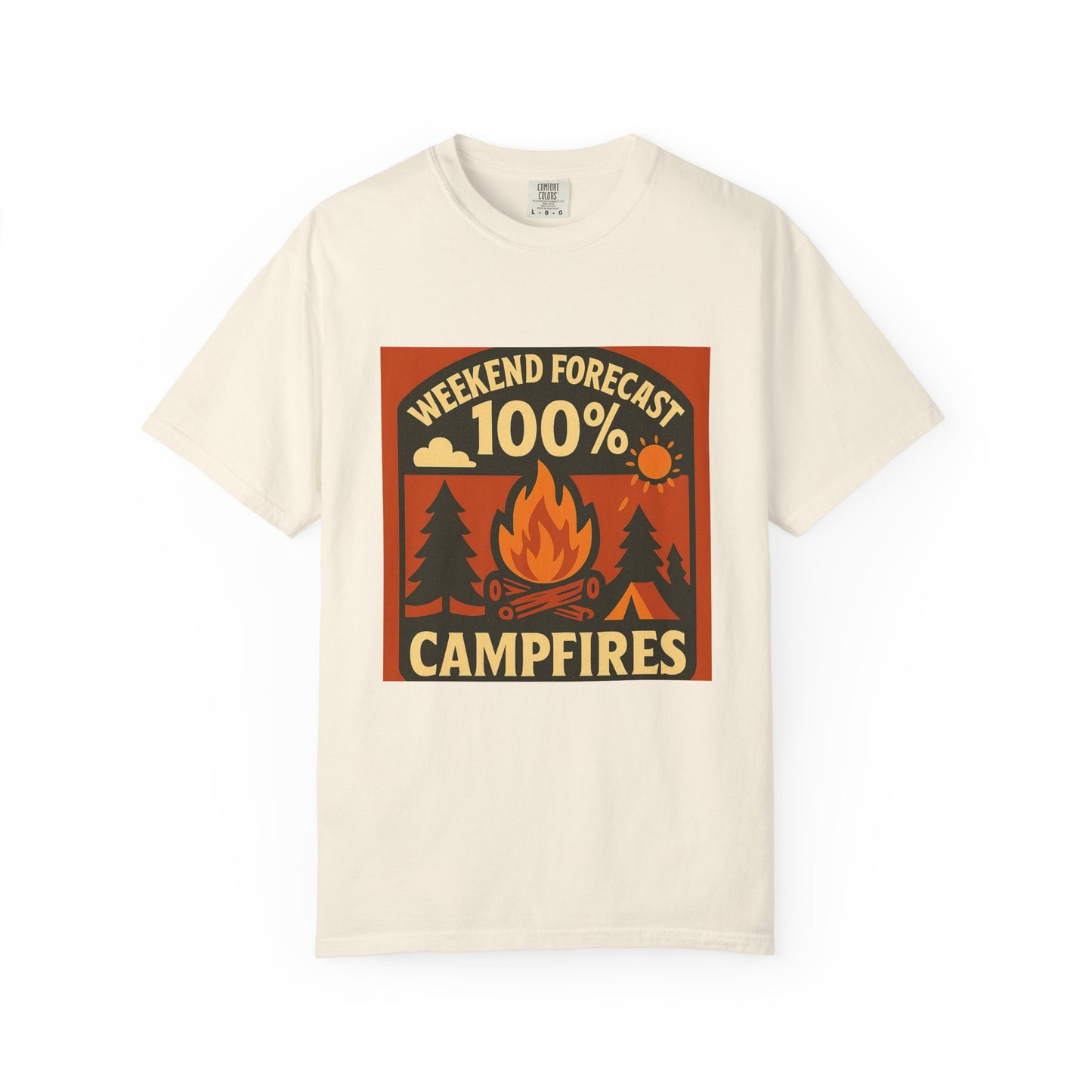 Campfire T-Shirt — "Weekend Forecast 100% Campfires" Retro Camping Tee