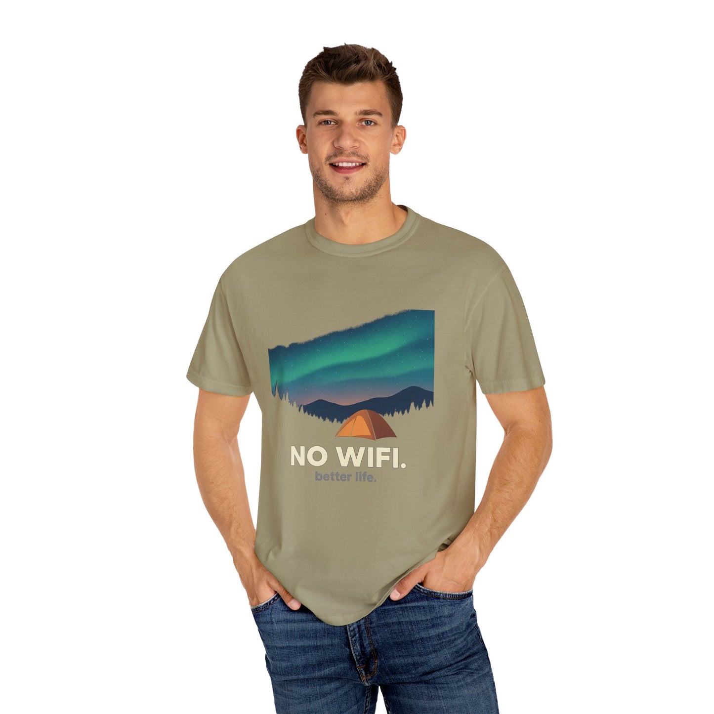 No WiFi Camping T-Shirt — Northern Lights Tent Graphic