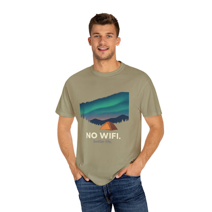 No WiFi Camping T-Shirt — Northern Lights Tent Graphic
