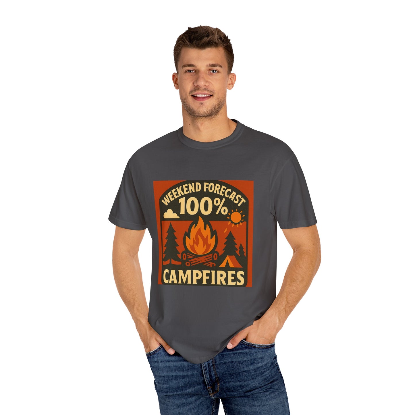 Campfire T-Shirt — "Weekend Forecast 100% Campfires" Retro Camping Tee