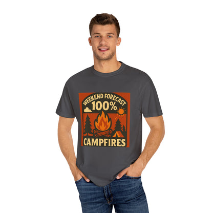 Campfire T-Shirt — "Weekend Forecast 100% Campfires" Retro Camping Tee