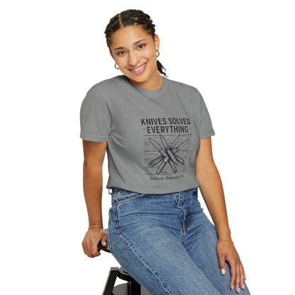 Knives Solved Everything (Before Therapy Did) T-Shirt – Funny EDC, Camping & Outdoors Shirt for Men Who Love Their Tools