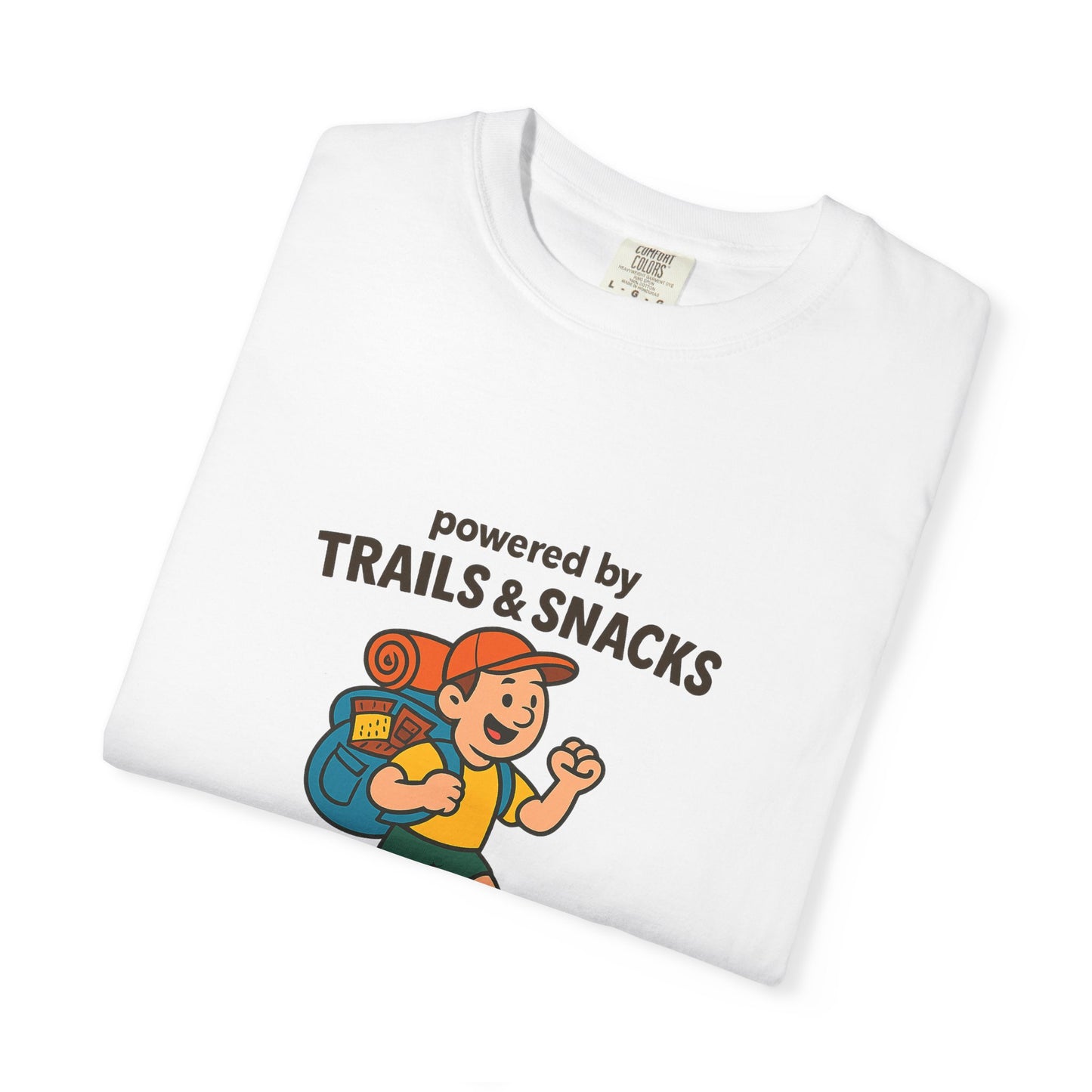 Powered by Trails & Snacks T-Shirt | Funny Hiking Shirt for Outdoorsy Snack Lovers | Hiker Humor Tee for Men & Women