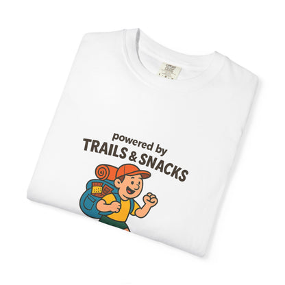Powered by Trails & Snacks T-Shirt | Funny Hiking Shirt for Outdoorsy Snack Lovers | Hiker Humor Tee for Men & Women