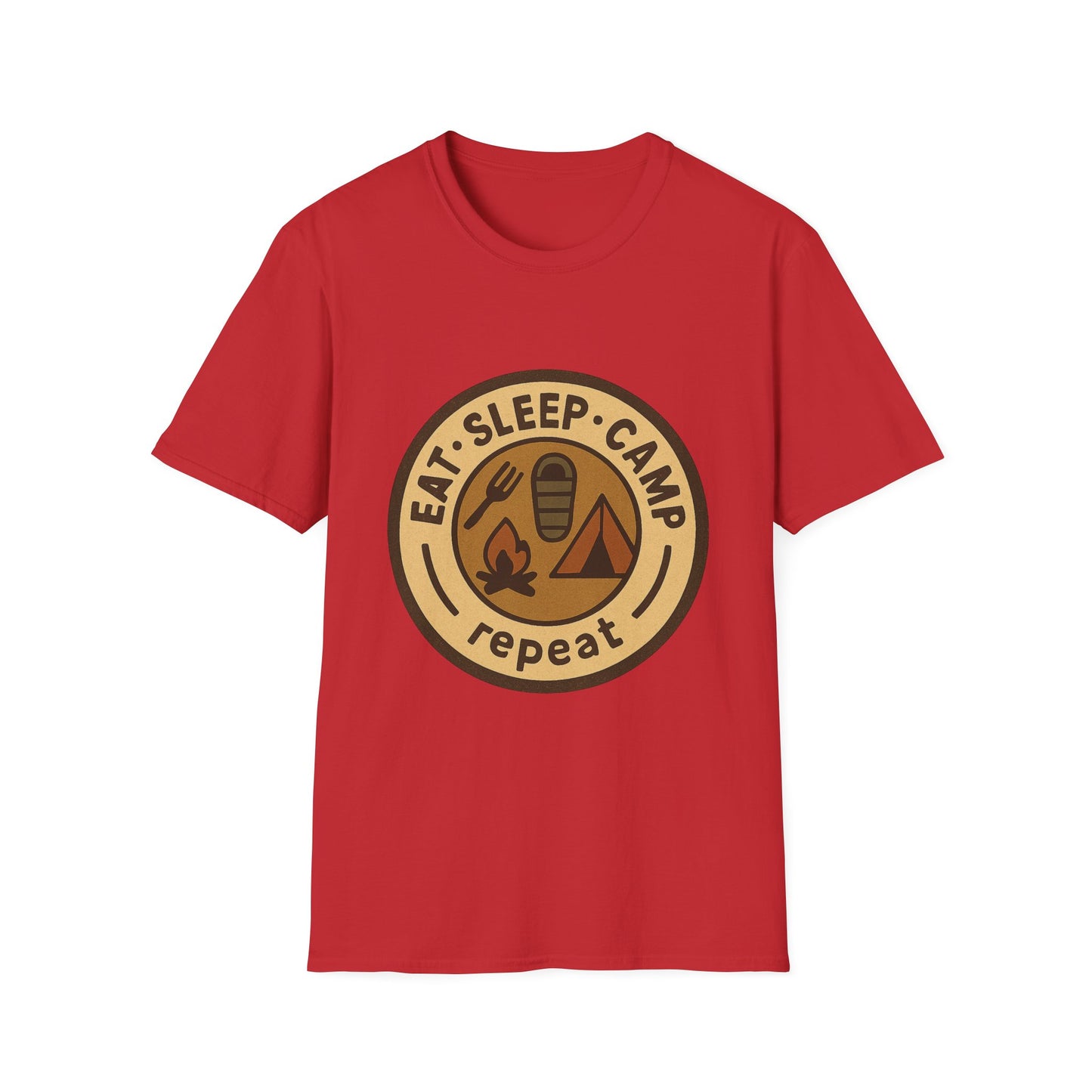 Camping Badge T-Shirt — "Eat. Sleep. Camp. Repeat." Outdoor Adventure Tee