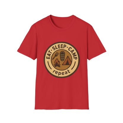 Camping Badge T-Shirt — "Eat. Sleep. Camp. Repeat." Outdoor Adventure Tee