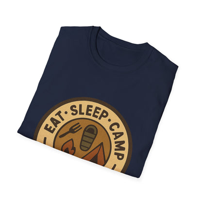Camping Badge T-Shirt — "Eat. Sleep. Camp. Repeat." Outdoor Adventure Tee