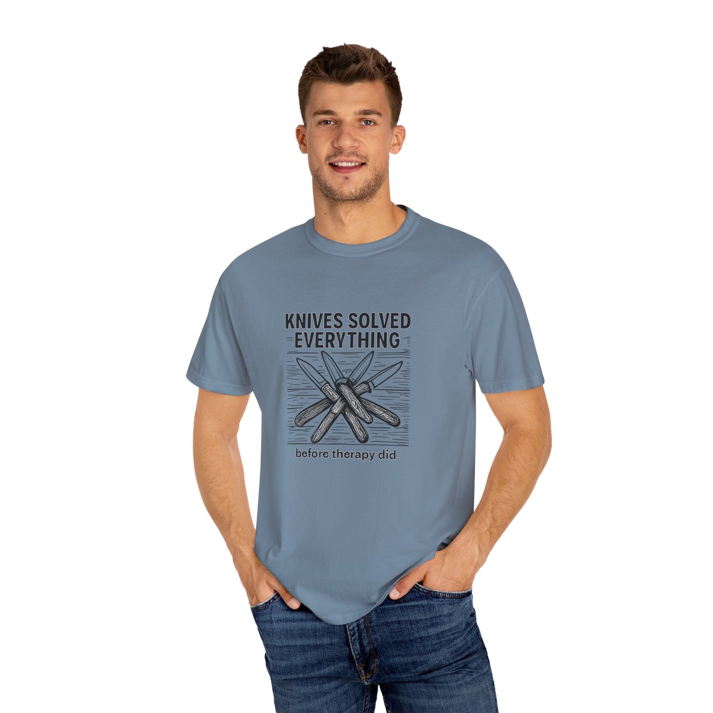 Knives Solved Everything (Before Therapy Did) T-Shirt – Funny EDC, Camping & Outdoors Shirt for Men Who Love Their Tools