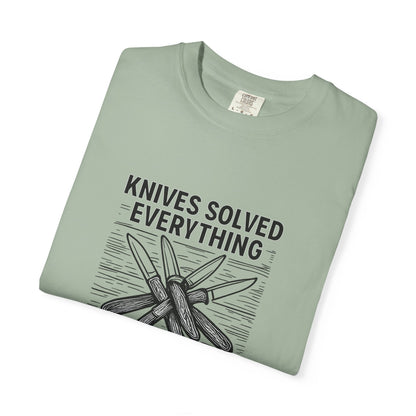Knives Solved Everything (Before Therapy Did) T-Shirt – Funny EDC, Camping & Outdoors Shirt for Men Who Love Their Tools