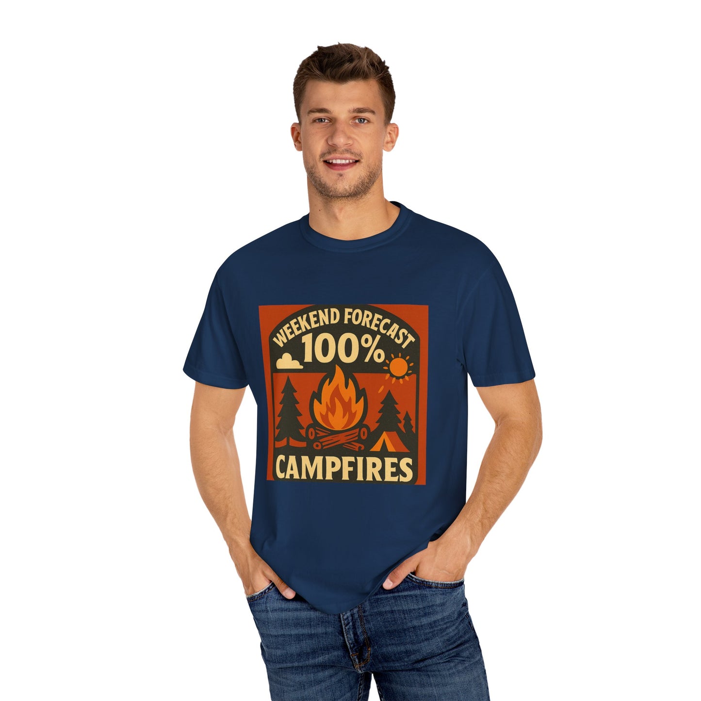 Campfire T-Shirt — "Weekend Forecast 100% Campfires" Retro Camping Tee