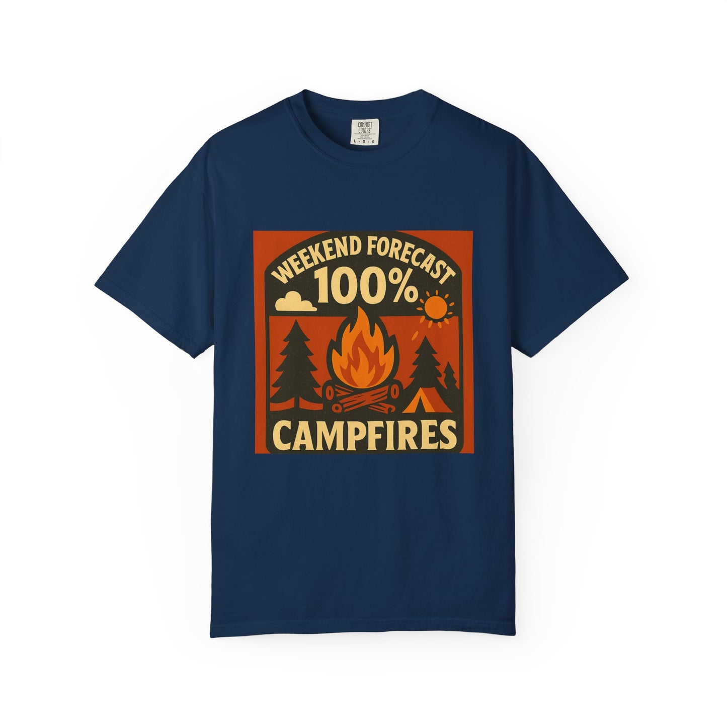 Campfire T-Shirt — "Weekend Forecast 100% Campfires" Retro Camping Tee