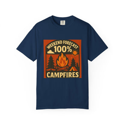 Campfire T-Shirt — "Weekend Forecast 100% Campfires" Retro Camping Tee