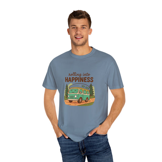 Rolling Into Happiness T-Shirt – Cute Van Life Shirt for Campers, Travelers & Adventure Lovers