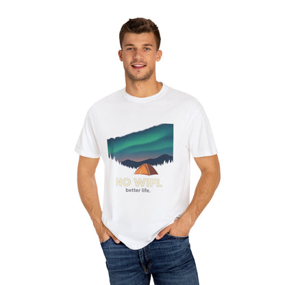 No WiFi Camping T-Shirt — Northern Lights Tent Graphic