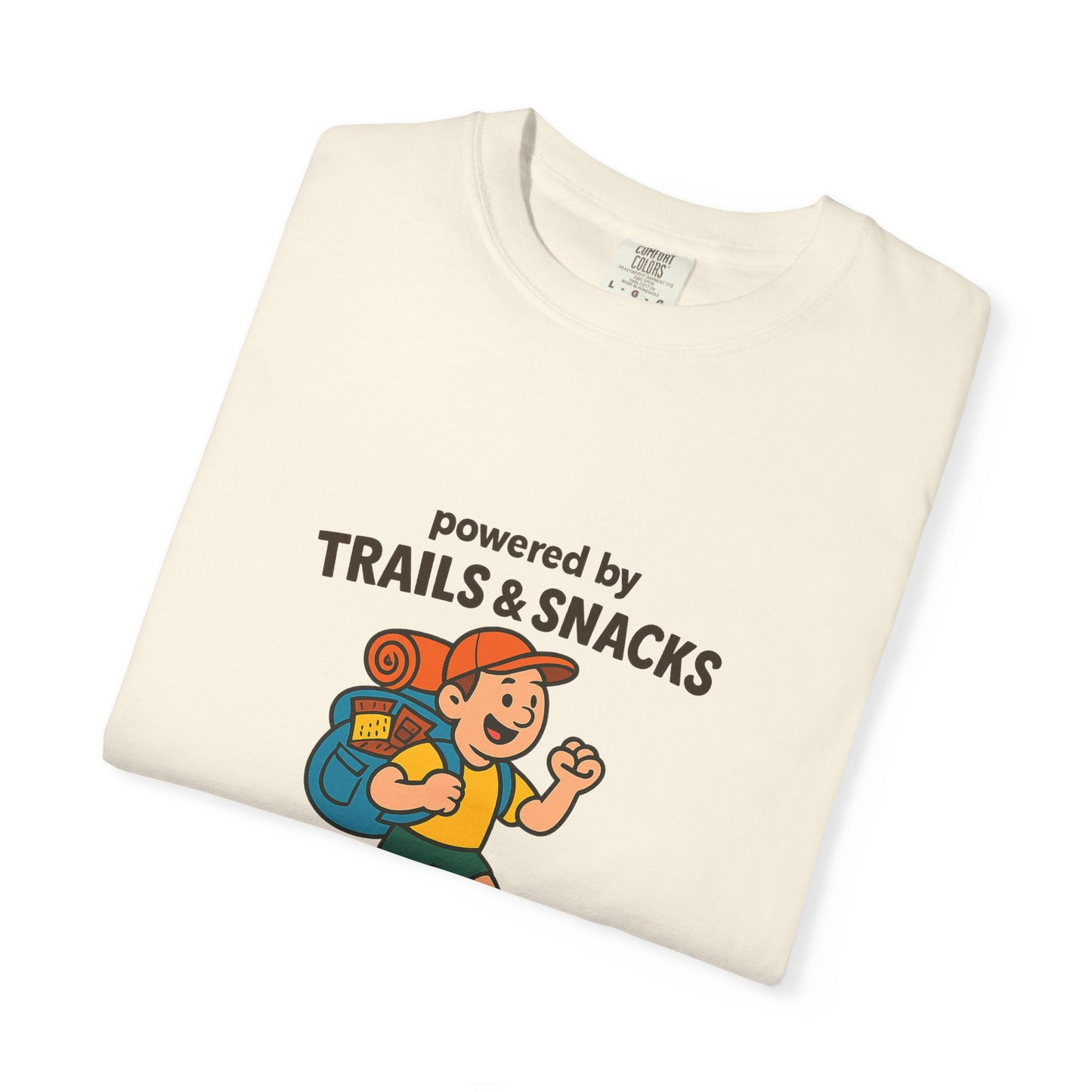 Powered by Trails & Snacks T-Shirt | Funny Hiking Shirt for Outdoorsy Snack Lovers | Hiker Humor Tee for Men & Women