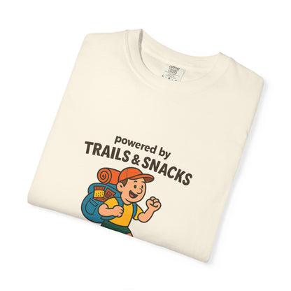 Powered by Trails & Snacks T-Shirt | Funny Hiking Shirt for Outdoorsy Snack Lovers | Hiker Humor Tee for Men & Women