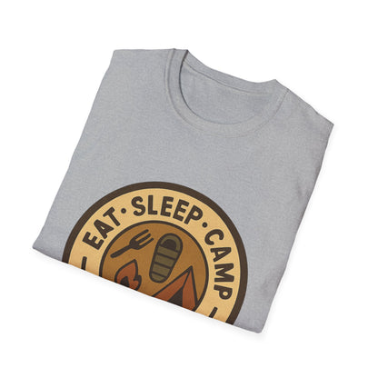 Camping Badge T-Shirt — "Eat. Sleep. Camp. Repeat." Outdoor Adventure Tee