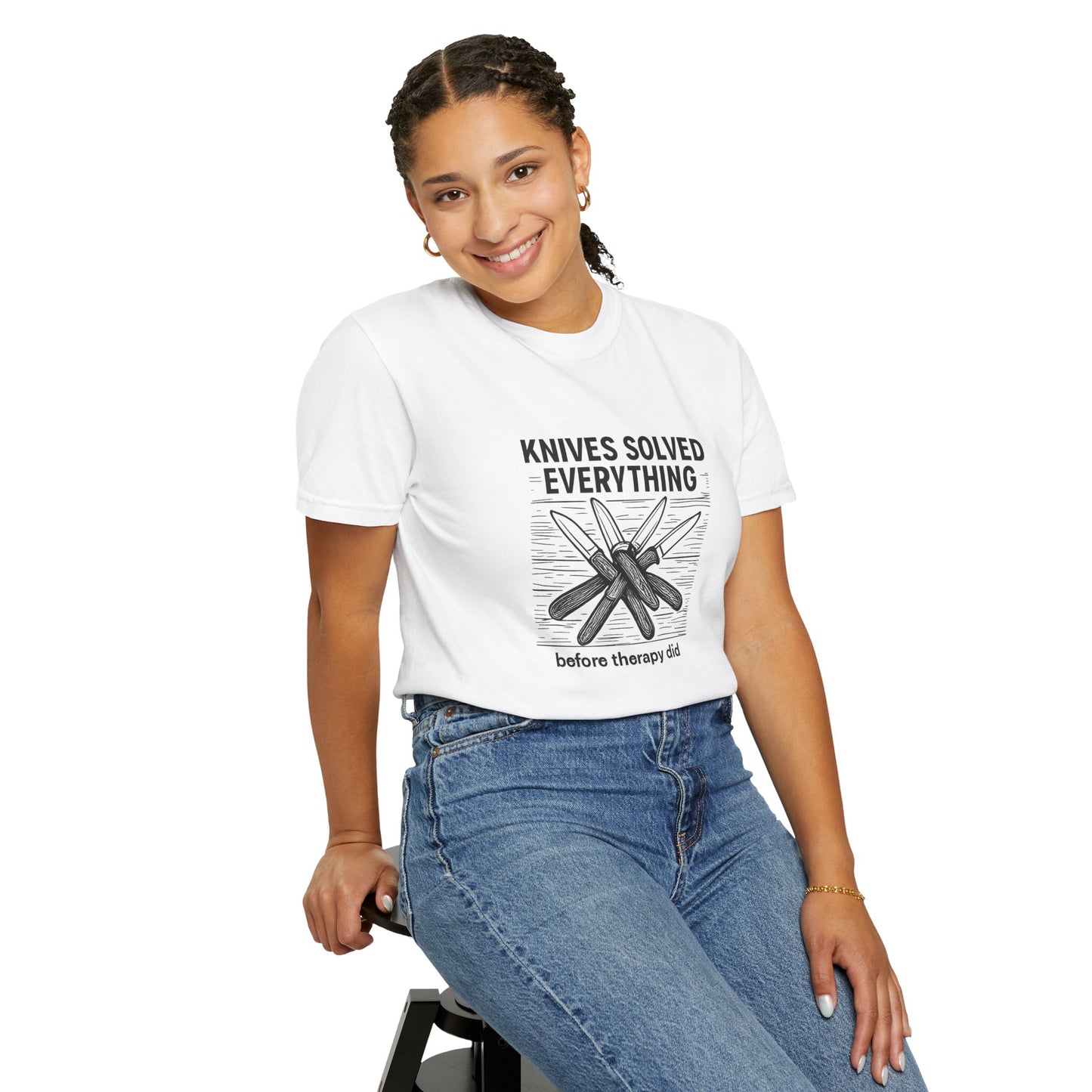 Knives Solved Everything (Before Therapy Did) T-Shirt – Funny EDC, Camping & Outdoors Shirt for Men Who Love Their Tools