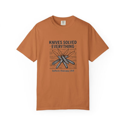 Knives Solved Everything (Before Therapy Did) T-Shirt – Funny EDC, Camping & Outdoors Shirt for Men Who Love Their Tools