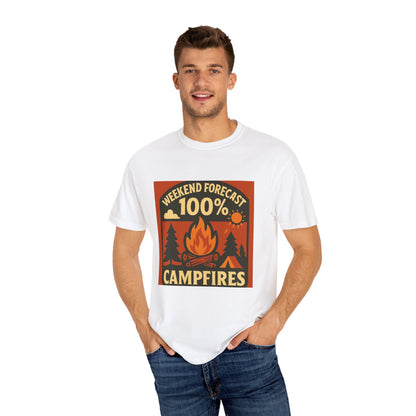 Campfire T-Shirt — "Weekend Forecast 100% Campfires" Retro Camping Tee