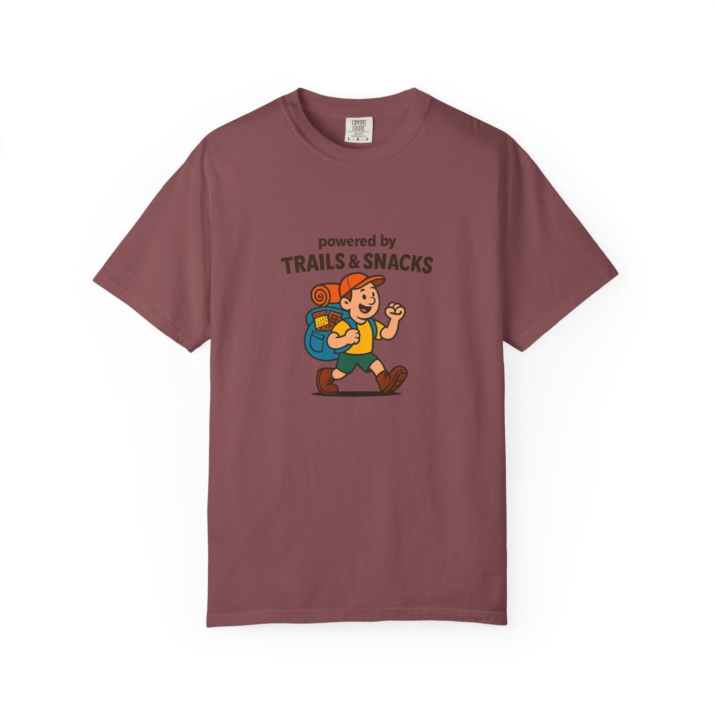 Powered by Trails & Snacks T-Shirt | Funny Hiking Shirt for Outdoorsy Snack Lovers | Hiker Humor Tee for Men & Women