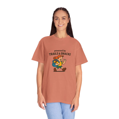 Powered by Trails & Snacks T-Shirt | Funny Hiking Shirt for Outdoorsy Snack Lovers | Hiker Humor Tee for Men & Women