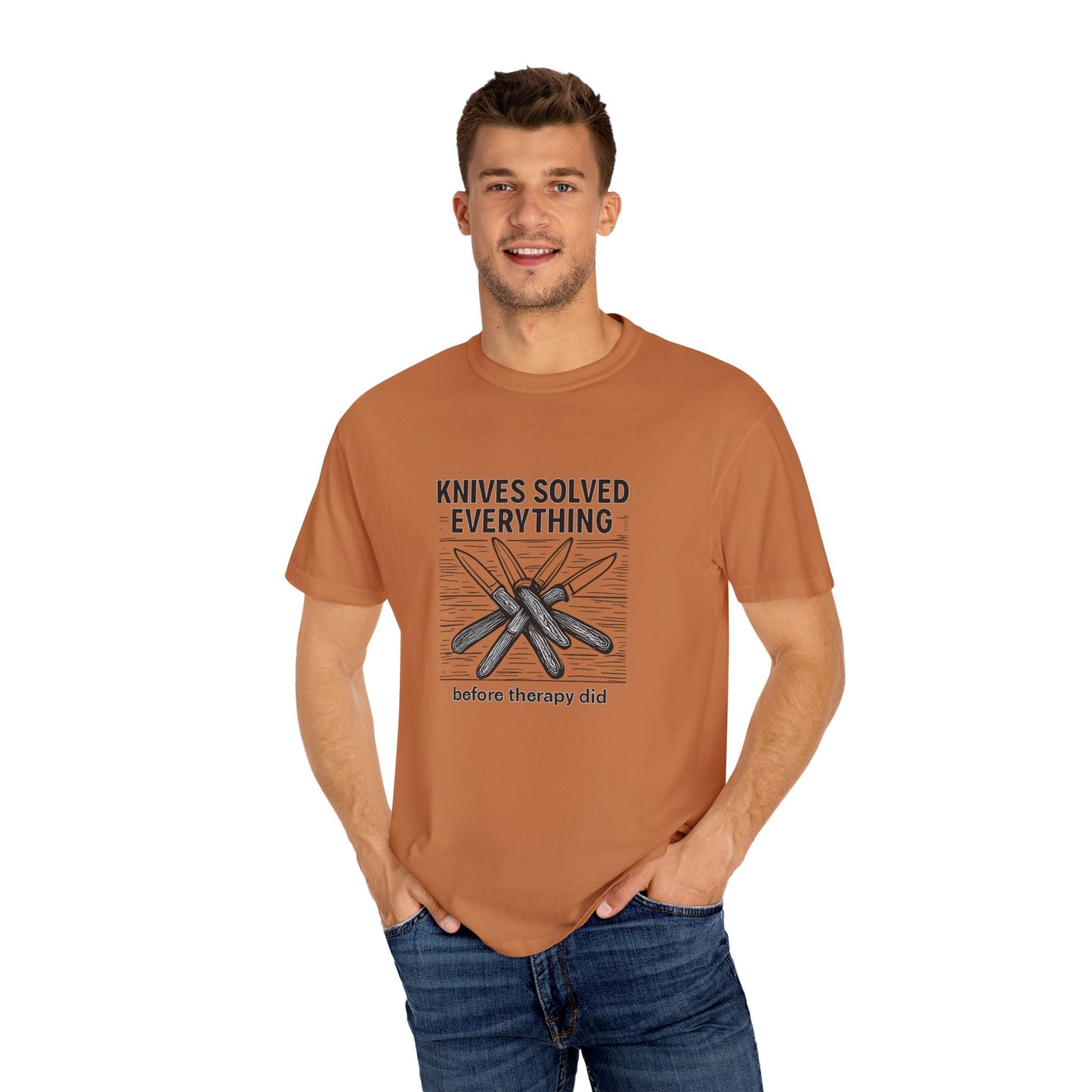 Knives Solved Everything (Before Therapy Did) T-Shirt – Funny EDC, Camping & Outdoors Shirt for Men Who Love Their Tools