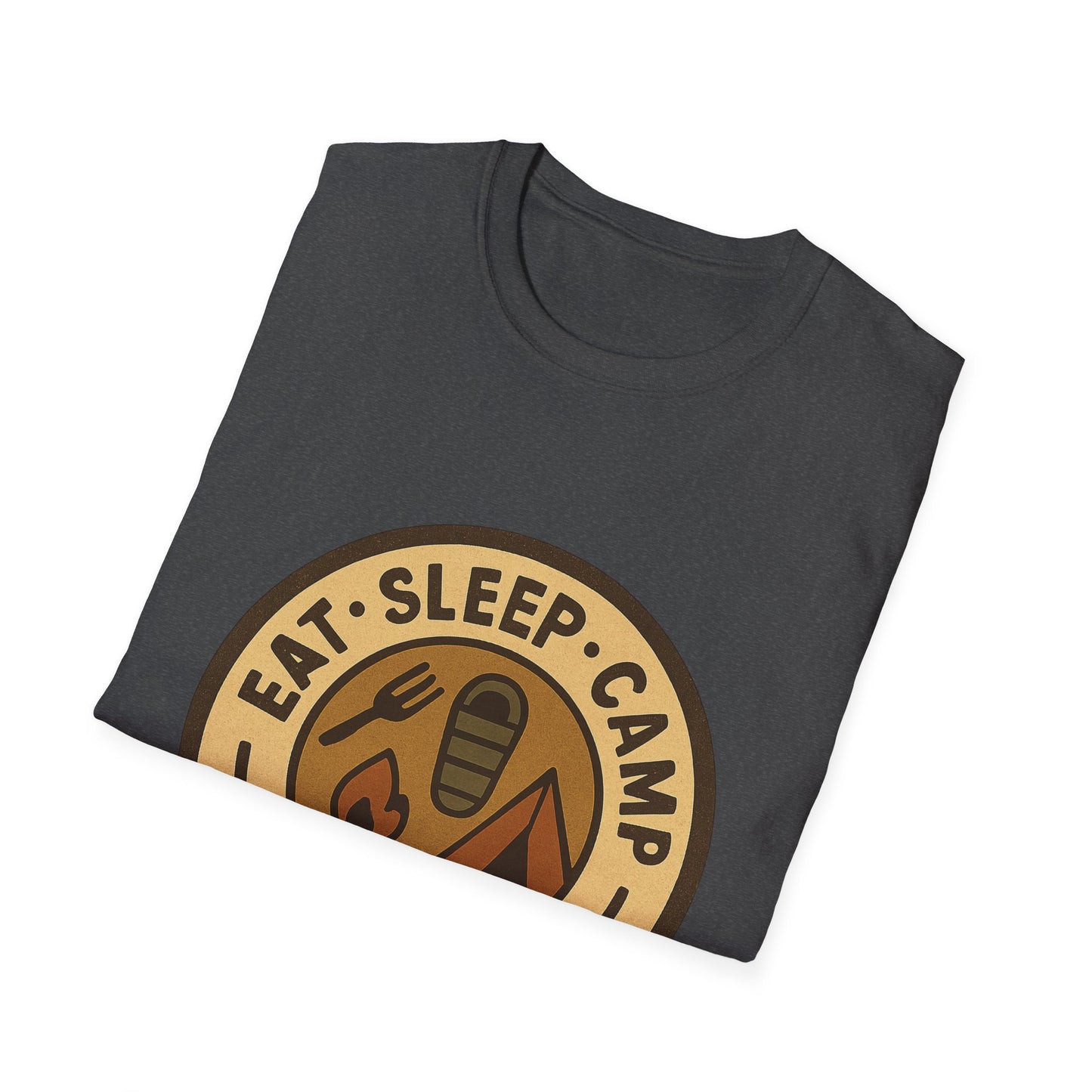 Camping Badge T-Shirt — "Eat. Sleep. Camp. Repeat." Outdoor Adventure Tee