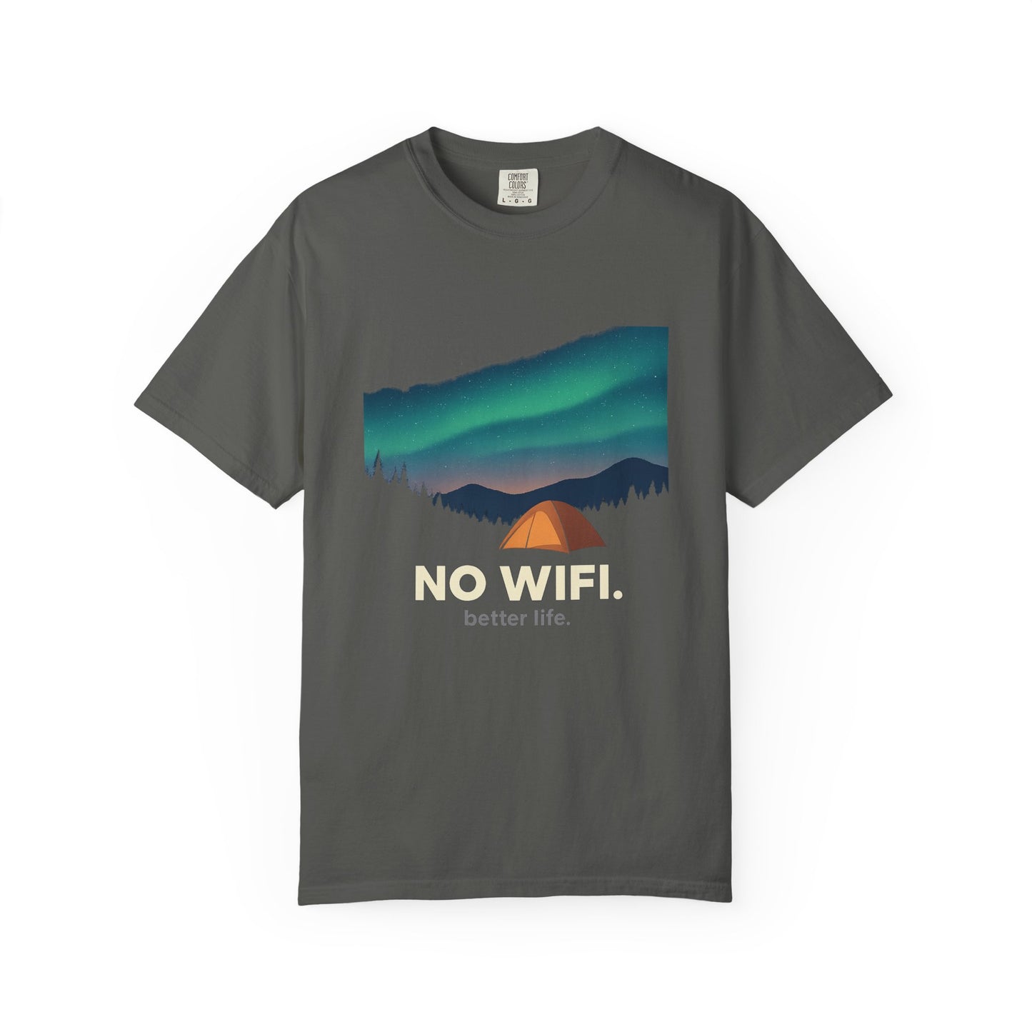 No WiFi Camping T-Shirt — Northern Lights Tent Graphic