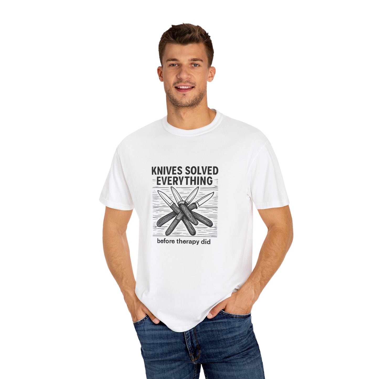 Knives Solved Everything (Before Therapy Did) T-Shirt – Funny EDC, Camping & Outdoors Shirt for Men Who Love Their Tools