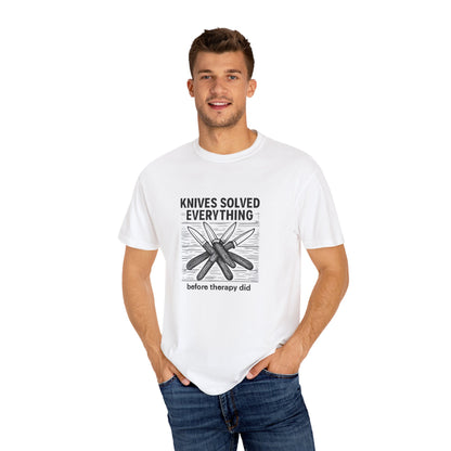 Knives Solved Everything (Before Therapy Did) T-Shirt – Funny EDC, Camping & Outdoors Shirt for Men Who Love Their Tools