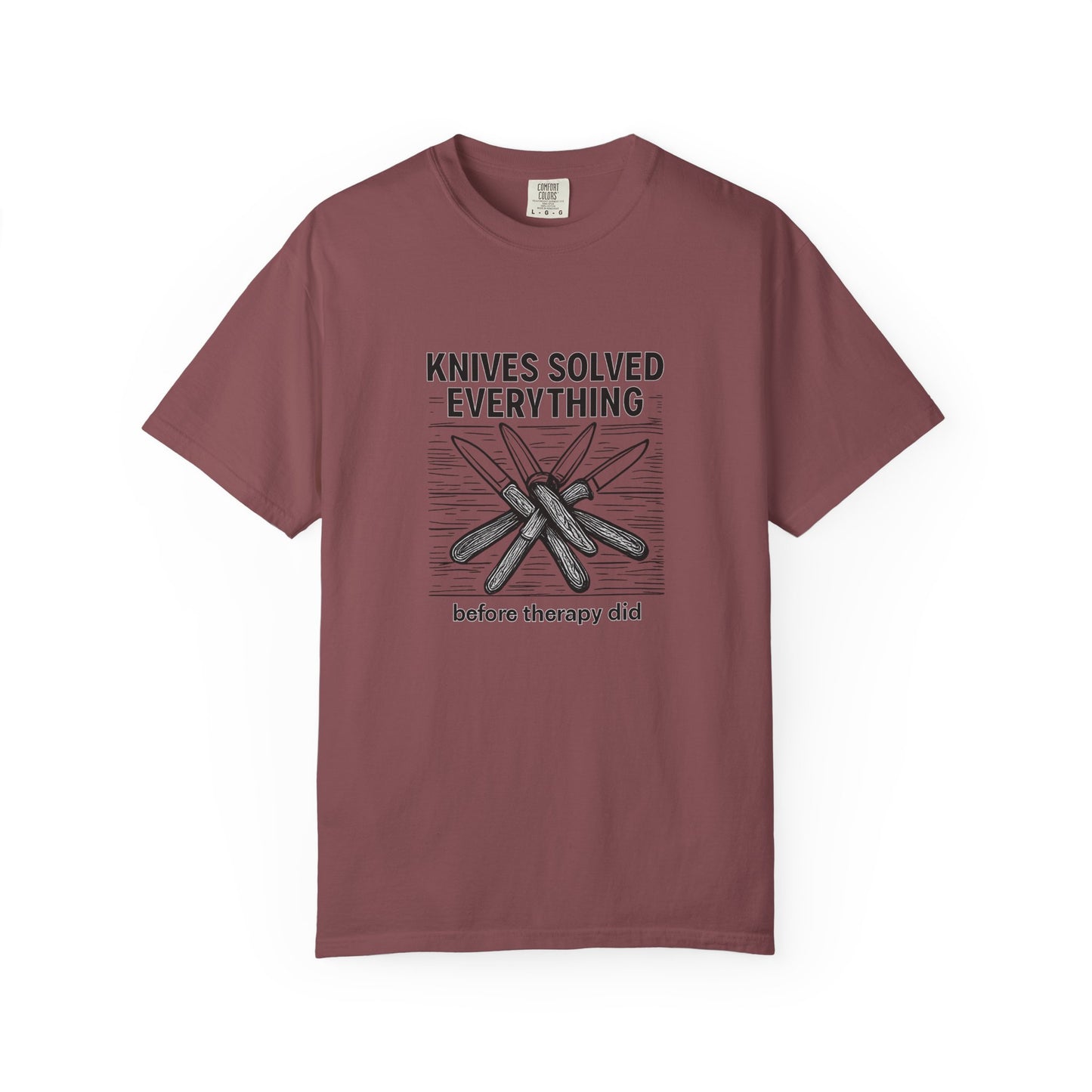 Knives Solved Everything (Before Therapy Did) T-Shirt – Funny EDC, Camping & Outdoors Shirt for Men Who Love Their Tools
