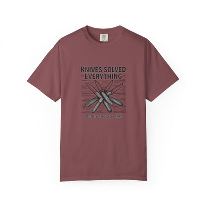 Knives Solved Everything (Before Therapy Did) T-Shirt – Funny EDC, Camping & Outdoors Shirt for Men Who Love Their Tools