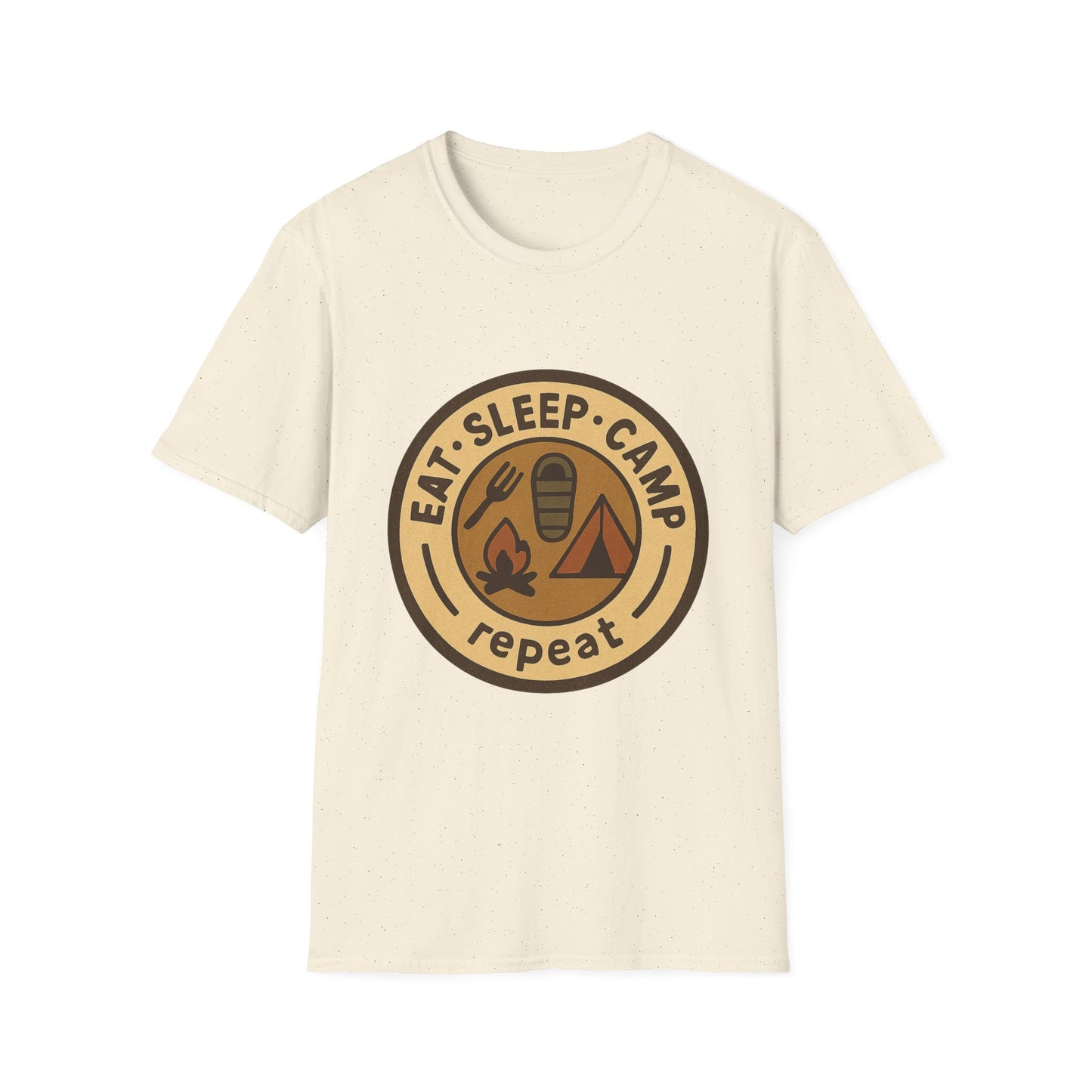 Camping Badge T-Shirt — "Eat. Sleep. Camp. Repeat." Outdoor Adventure Tee