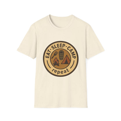 Camping Badge T-Shirt — "Eat. Sleep. Camp. Repeat." Outdoor Adventure Tee